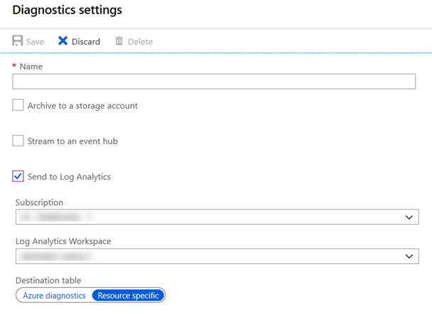 New Desitnation Table selector in Diagnostic Settings A new toggle in the Diagnostic Settings dialog lets you select logging mode for your logs