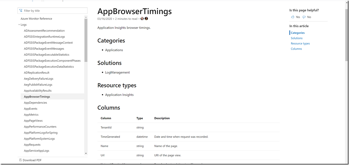 New documentation page for tables Log Analytics