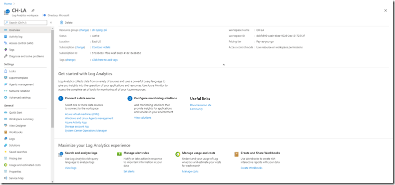 Log Analytics workspace Overeview page