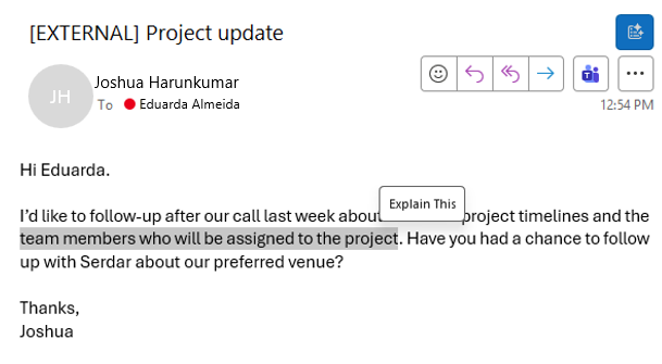 Email message with text highlighted and a button that says, 'Explain this.'
