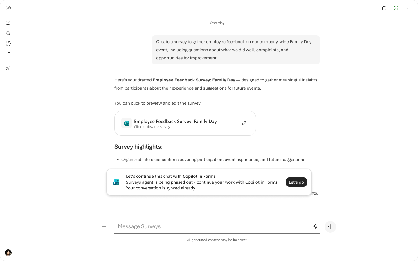 MC1421920: Microsoft Retires Surveys Agent and Shifts to Copilot-Powered Experience in Forms 2 21275 1 chat existed users phase4