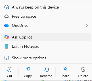 MC1515940: OneDrive Retires Copilot Context Menu Actions in File Explorer and Shifts to Centralized Access 2 Ask Copilot button