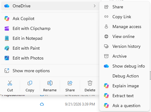 MC1515940: OneDrive Retires Copilot Context Menu Actions in File Explorer and Shifts to Centralized Access 4 image file Copilot actions