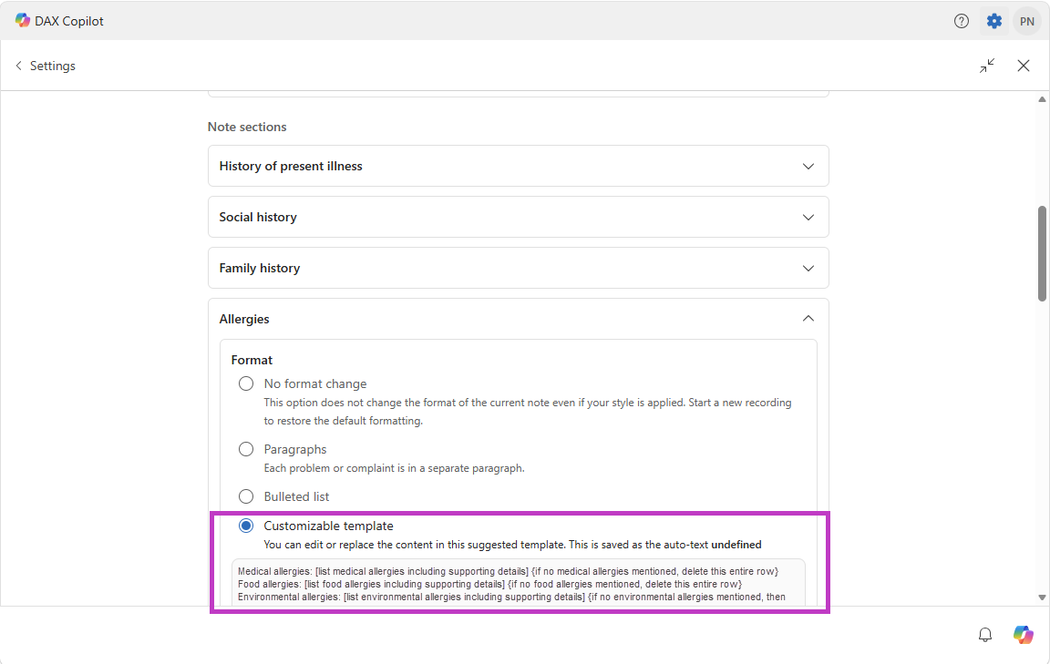 Screenshot that shows Allergy section with customizable template option highlighted.