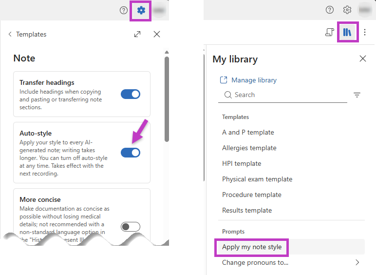 Screenshot that shows Auto-style option in Settings and the Apply my note style button in the Library.