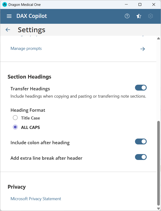The Settings window with Section Headings open and Transfer Headings, All Caps, Include colon after heading, and Add extra line break after heading set to on.