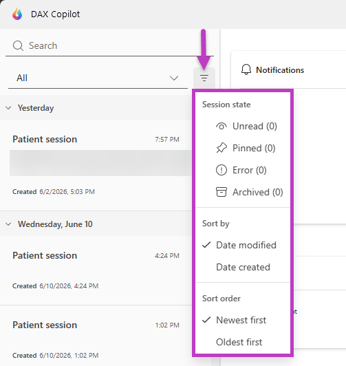 Screenshot of the patient list with the **Filter** menu open.