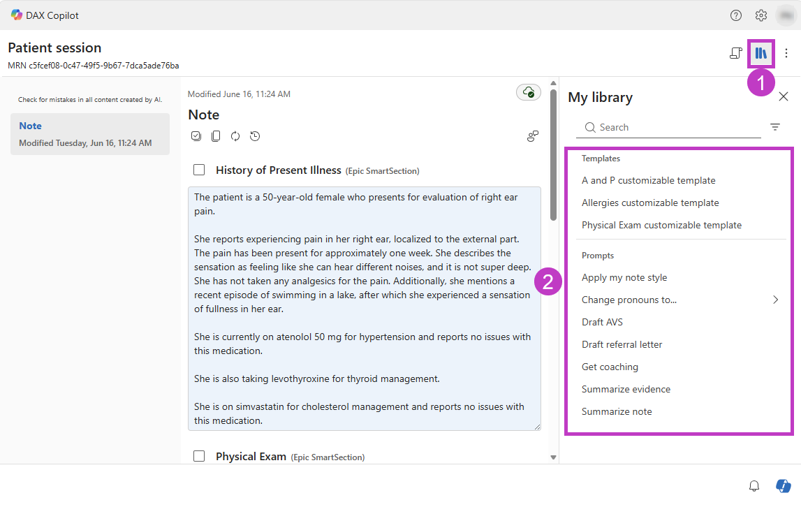 Screenshot that shows DAX Copilot AI features and prompts in the Library
