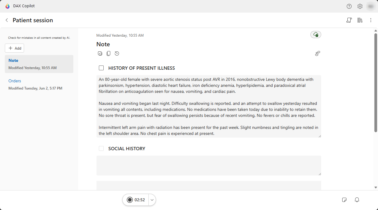 Screenshot of a DAX Copilot patient page.