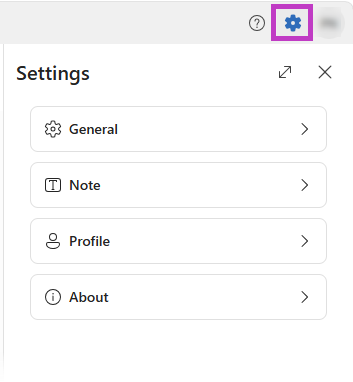 Screenshot that shows the settings icon and settings panel.
