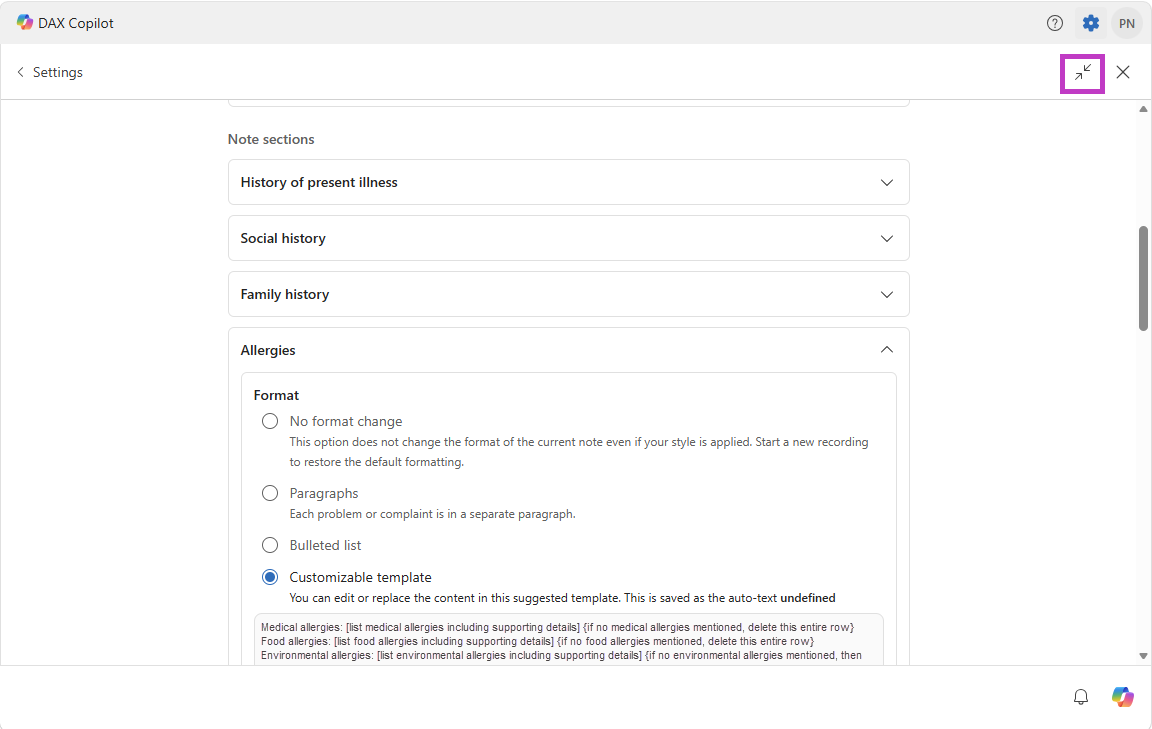 Screenshot that shows the Note panel with the expand icon displayed.