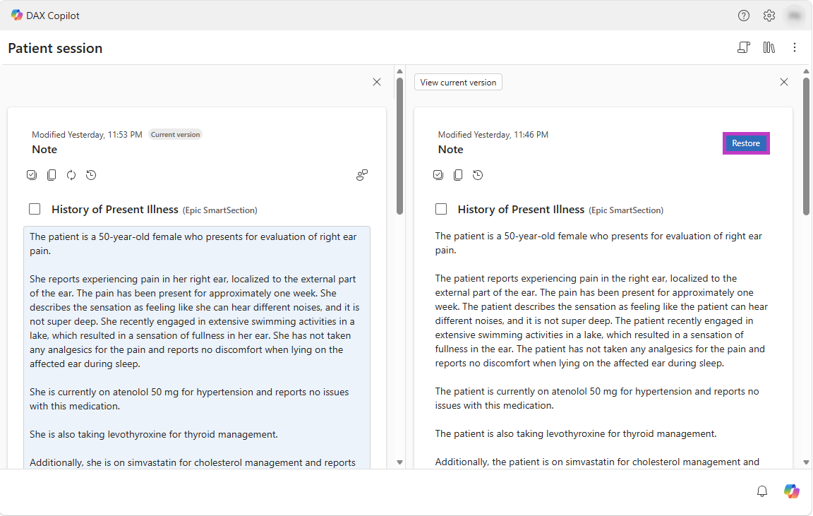 Screenshot that shows Restore button in split view