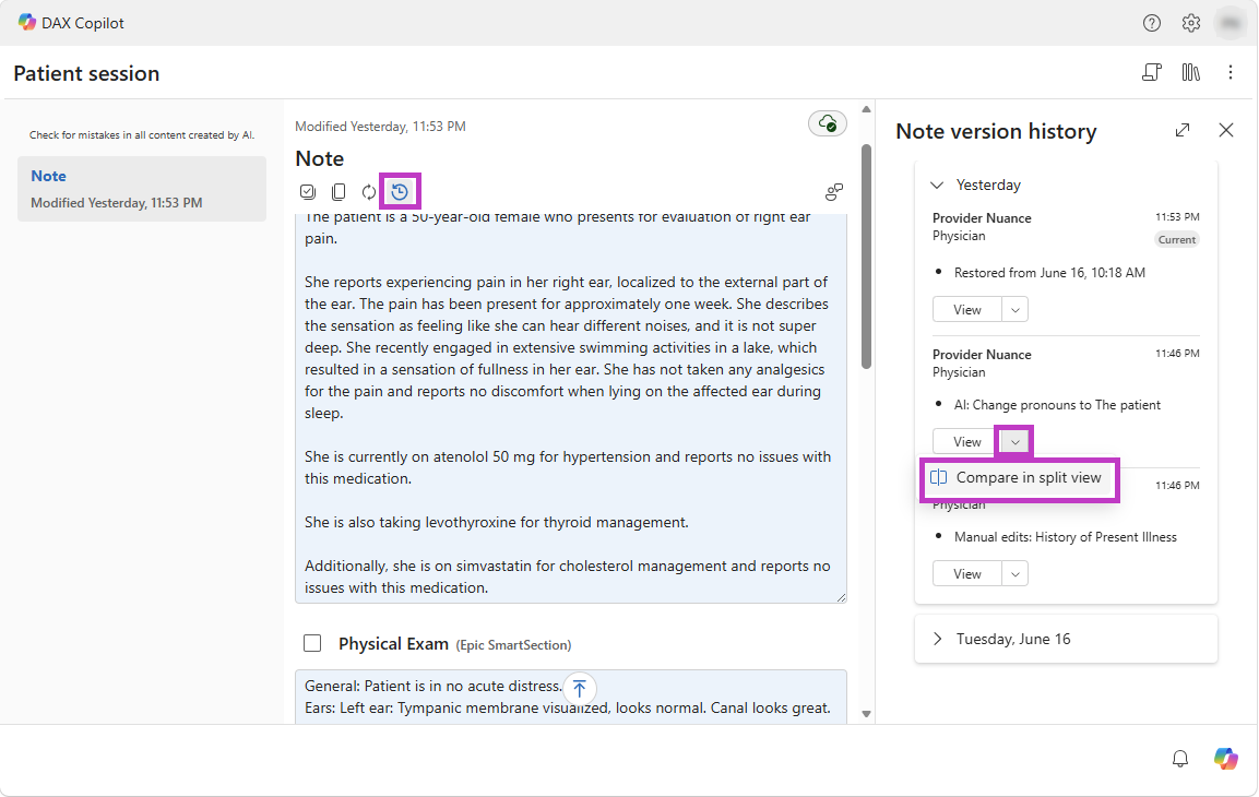 Screenshot that shows version history and Compare in split view