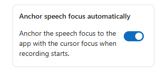 Screenshot of Anchor speech focus automatically setting turned on.