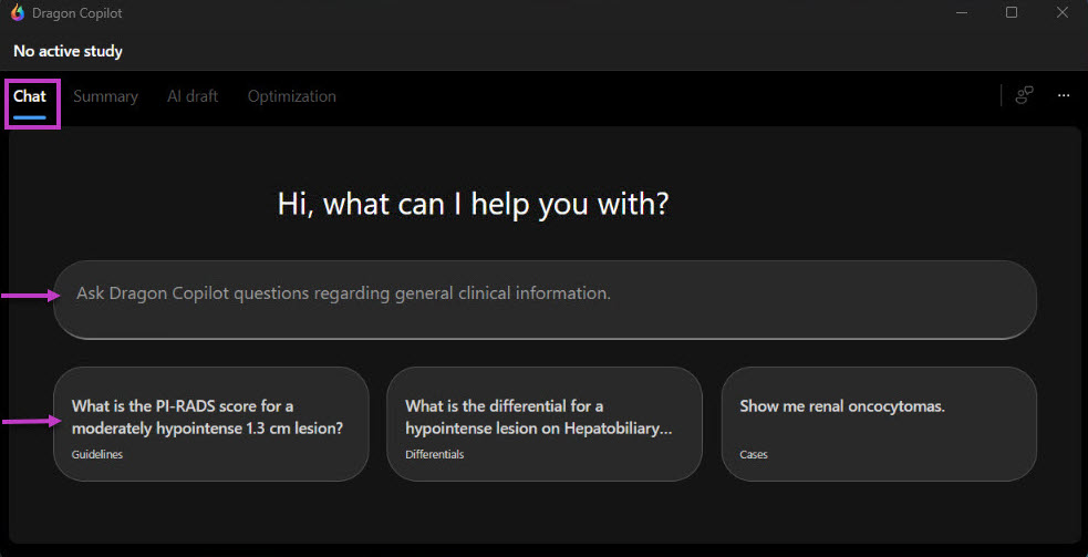 Screenshot shows Chat feature highlighted in Dragon Copilot with highlights for query box for typed questions and question prompts.