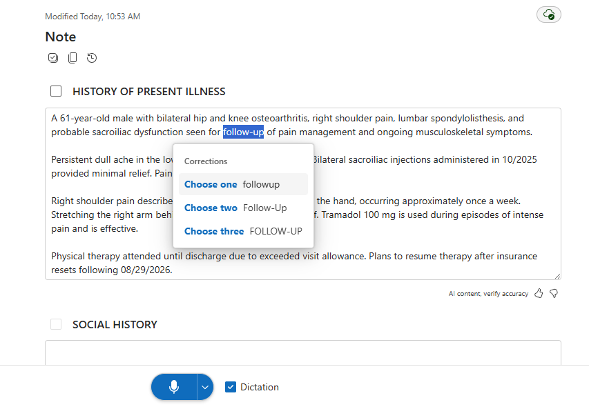 Screenshot of word highlighted with Corrections menu and three options to choose from.