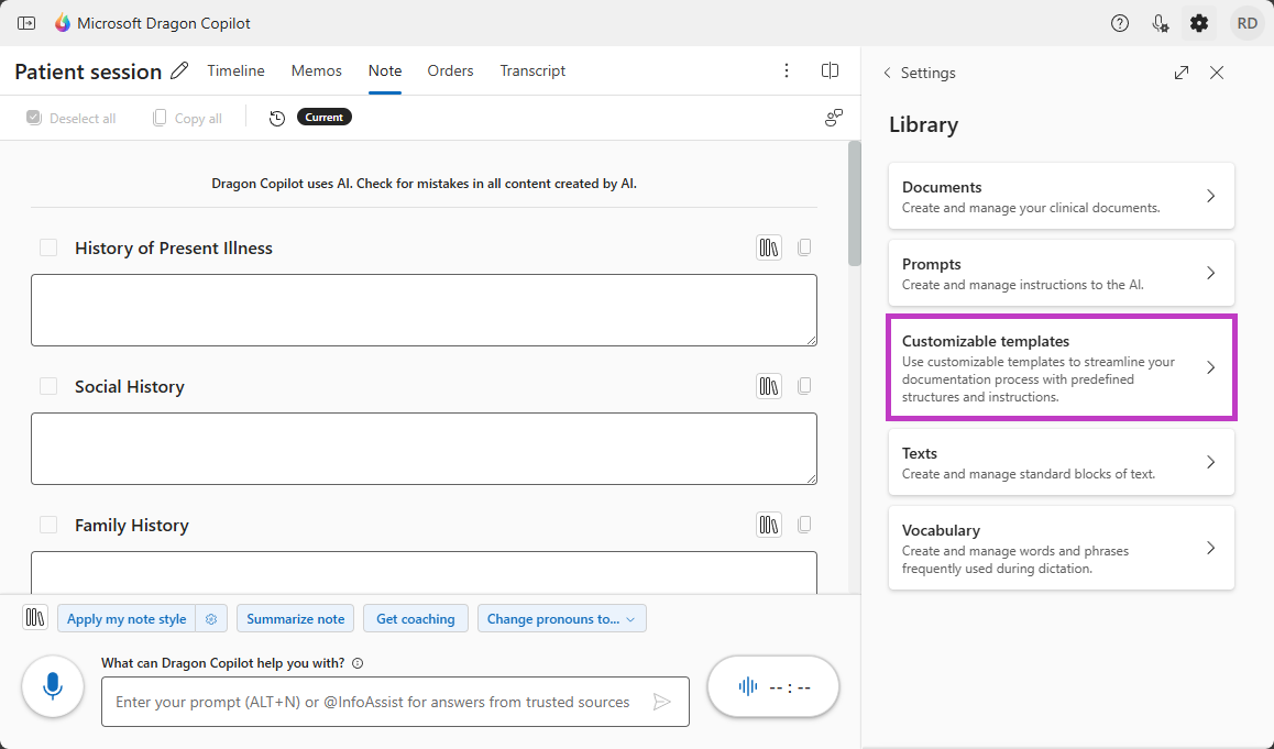 Dragon Copilot Library with Customizable template button highlighted