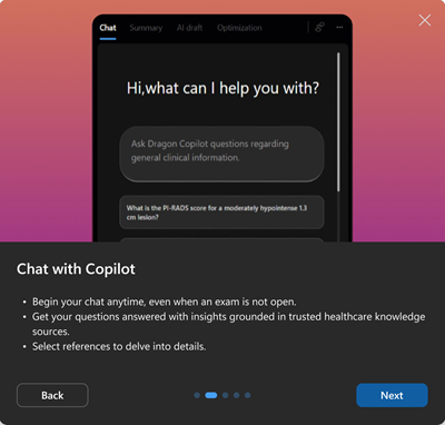 Screenshot shows chat in Dragon Copilot for the first run experience.