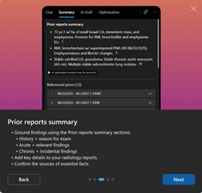 Screenshot shows Prior reports summary in Dragon Copilot for the first run experience.