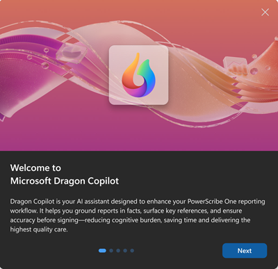 Screenshot shows Dragon Copilot welcome slide for the first run experience.