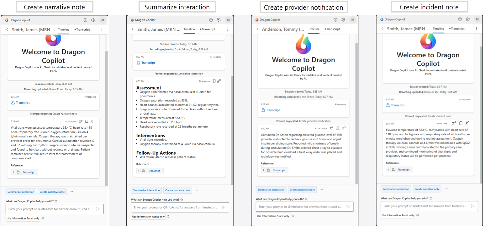 Microsoft Dragon Copilot standalone app showing samples of summarize interaction, narrative note, provider notification, and incident note.