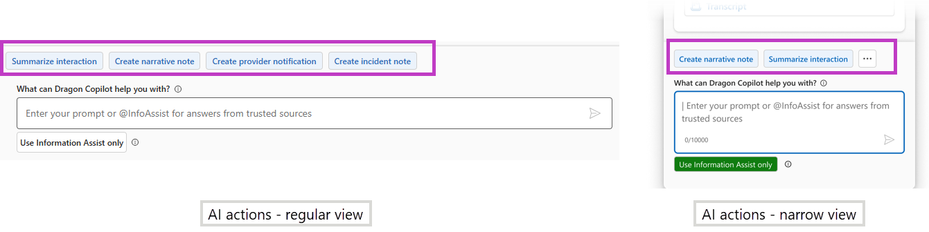 Dragon Copilot standalone app snippet with AI actions in regular view on the left and in narrow view on the right.