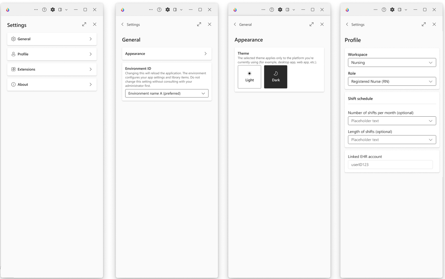 Dragon Copilot standalone app with screens showing the Settings menu, choices under the General tab, Appearance options, and Profile settings.