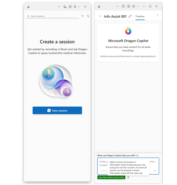 Dragon Copilot standalone app, displaying create a session screen on the left image and the default Info Assist 001 in the image on the right, which occurs when there are no recorded sessions.