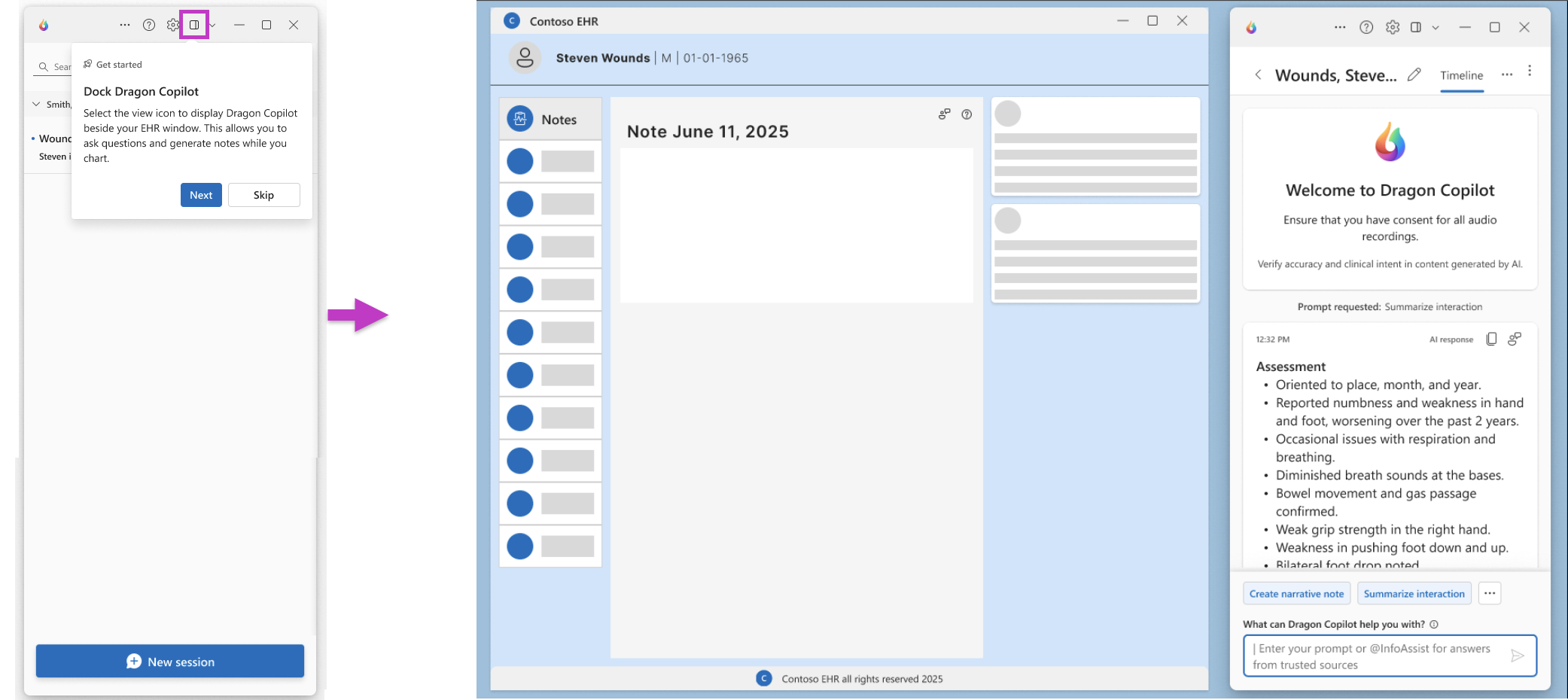 Dragon Copilot standalone app on the left with the Dock Dragon Copilot icon highlighted. On the right is a dummy EHR shown with Dragon Copilot standalone docked next to it in a narrow view.