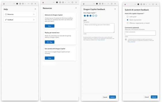 Dragon Copilot standalone app with screens showing the Help menu, the Resources submenu, and the feedback submenu choices for submitting Dragon Copilot feedback and submitting AI content feedback.