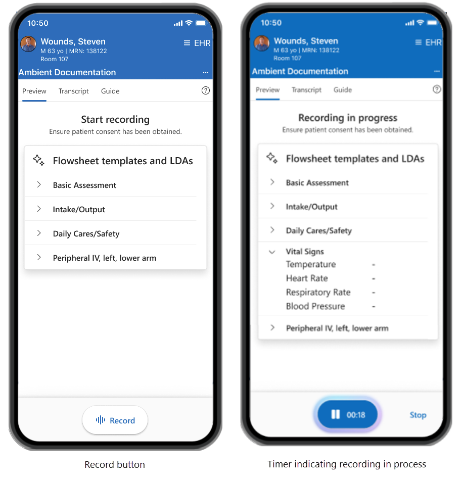 Preview tab displaying available content to document and screen showing timer counting upward while recording is in progress.