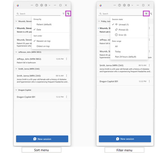 Microsoft Dragon Copilot standalone app, displaying patient lists with the Sort menu on the left image and sessions with the Filter menu on the image to the right.