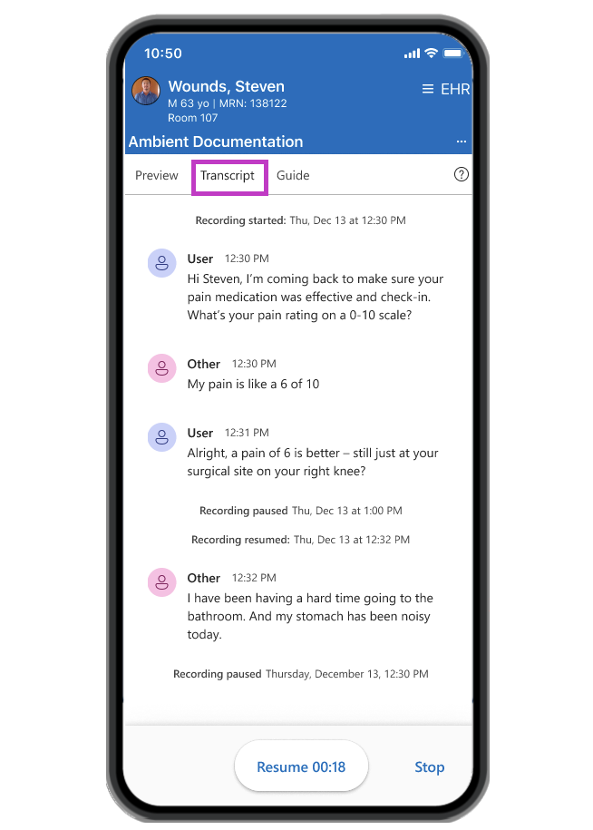 Image showing Transcript tab and a sample transcript.