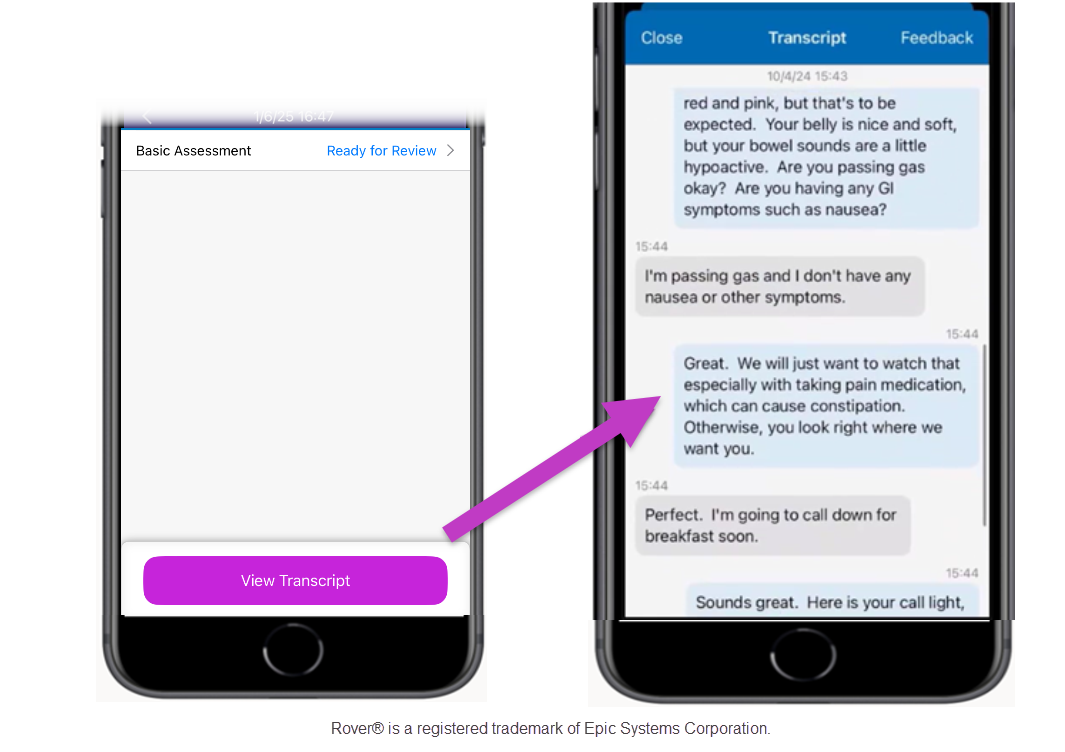 Dragon Copilot assessments screen with View Transcript highlighted and corresponding transcript.