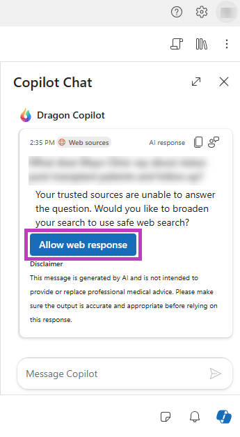 Screenshot of Dragon Copilot Chat window with allow web response highlighted.
