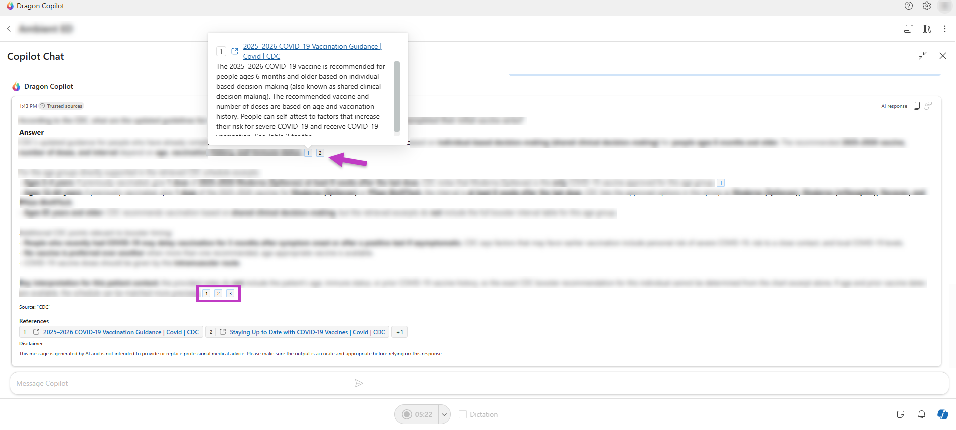 Screenshot of Dragon Copilot Chat response with inline references highlighted.