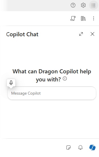 Screenshot of Dragon Copilot Chat window open with no message to chat or chat response received yet.
