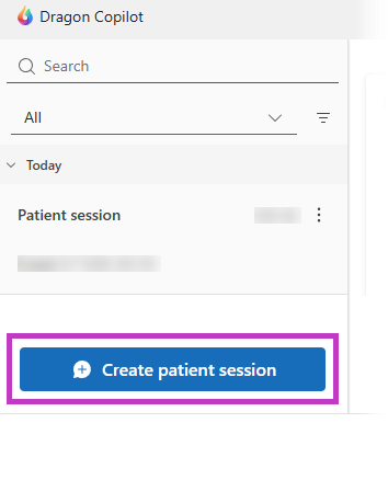 Screenshot of Dragon Copilot patient list with create patient session button highlighted.