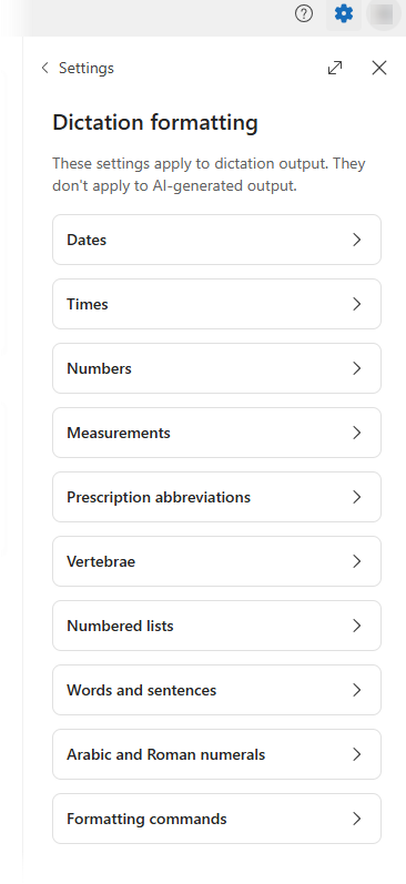Screenshot of Dragon Copilot settings window opened to dictation formatting with options for formatting displayed.