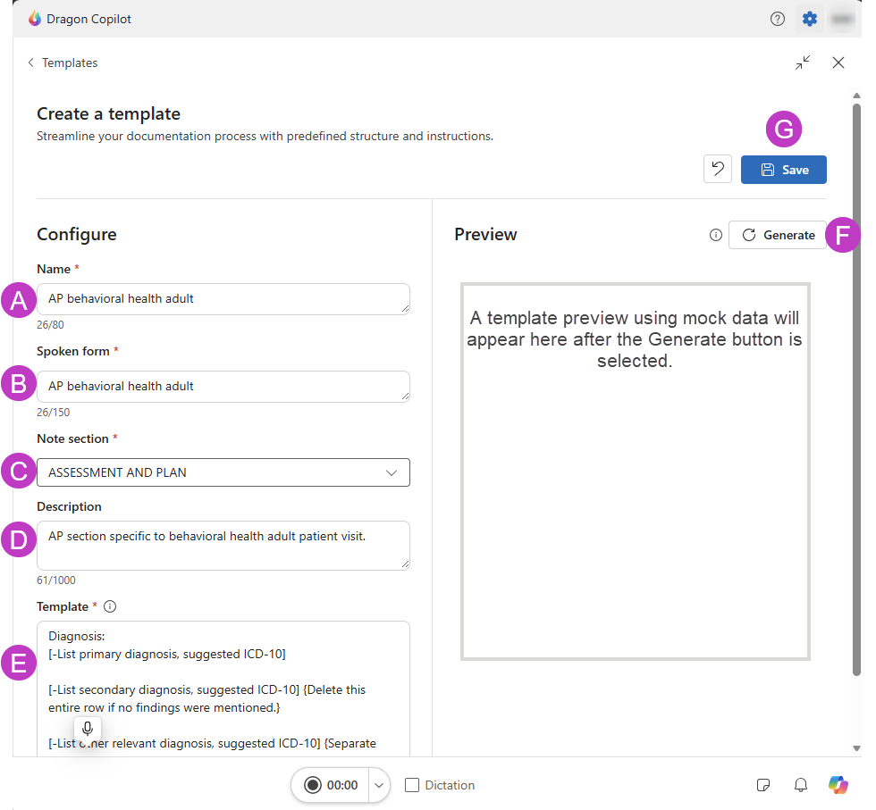 Screenshot of Configure template screen with each section labeled.