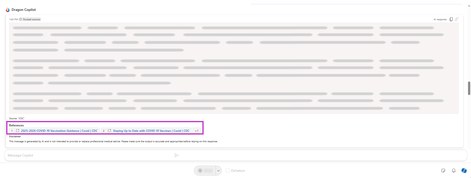 Screenshot of Dragon Copilot Chat response with references in the lower part of the window highlighted.
