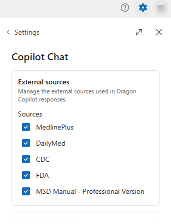 Screenshot of Dragon Copilot settings window open to Copilot Chat and external source options displayed.