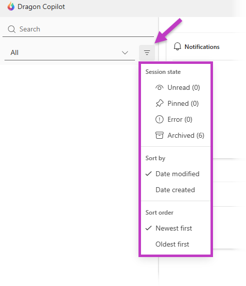 Screenshot of Dragon Copilot patient list with arrow pointing to the filter icon and drop down options highlighted.