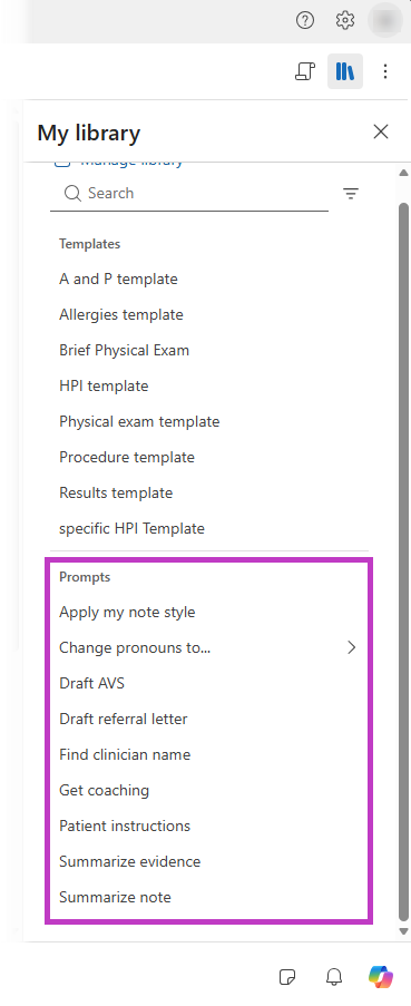 Screenshot of Dragon Copilot library window open and prompt options highlighted.