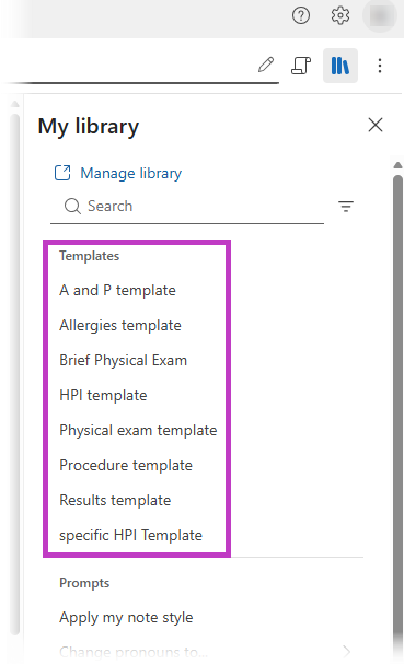 Screenshot of Dragon Copilot library window open and template options highlighted.