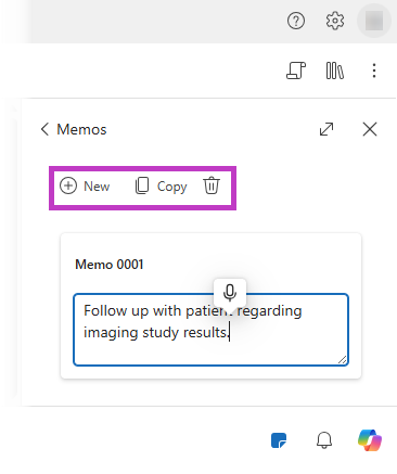 Screenshot of Dragon Copilot memo window with a memo with text opened and options for new, copy and delete highlighted.