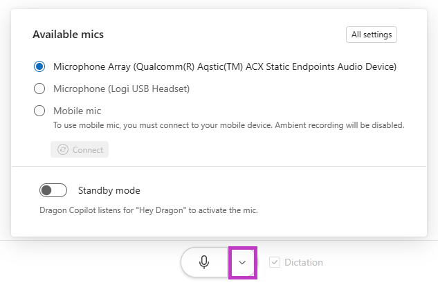 Screenshot of Dragon Copilot microphone source options displayed and drop down arrow to access source options highlighted.