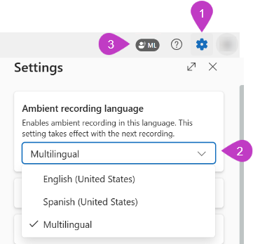 Screenshot of the Dragon Copilot settings window with the Settings icon, ambient recording language dropdown, and nondefault language indicator highlighted.
