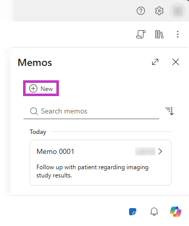 Screenshot of Dragon Copilot memo window with new memo button highlighted.