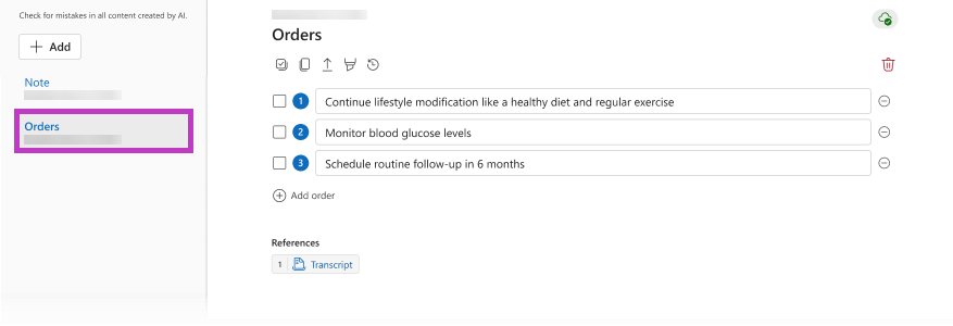 Screenshot of Dragon Copilot Orders section opened and orders section highlighted in the left navigation panel.
